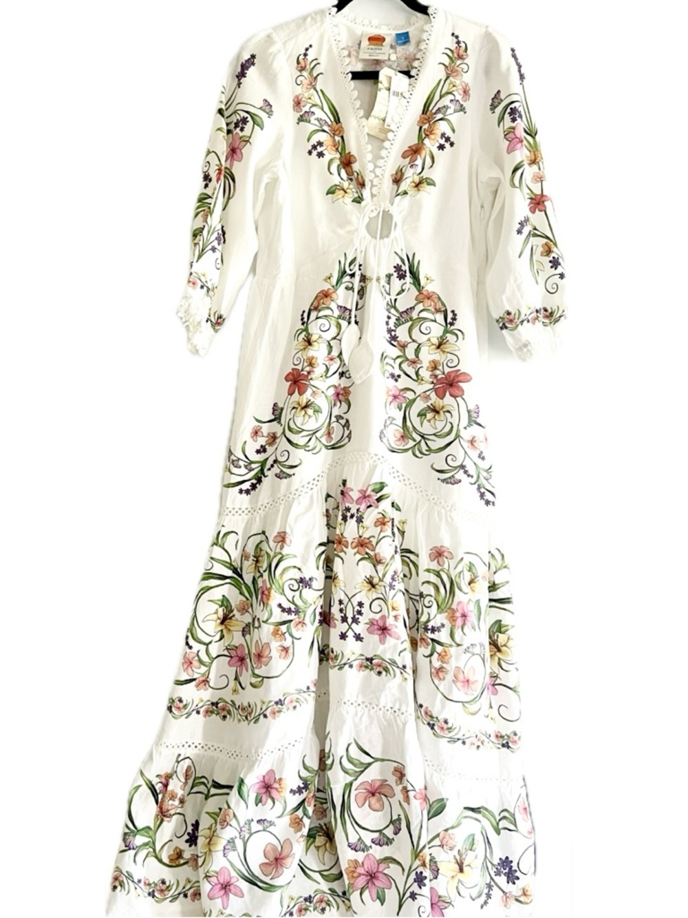 FARM Rio White Linen Blend Multicolor Floral Printed Maxi Dress Size Small NWT - Picture 5 of 16